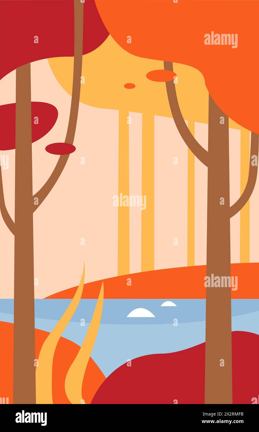 Abstract autumn simple landscape with river or lake, yellow and orange ...
