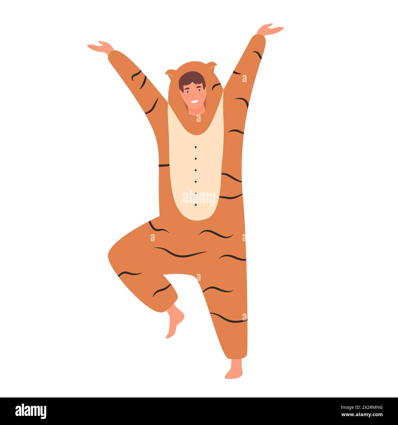 Happy young man in tiger onesie costume for carnival dancing, guy on