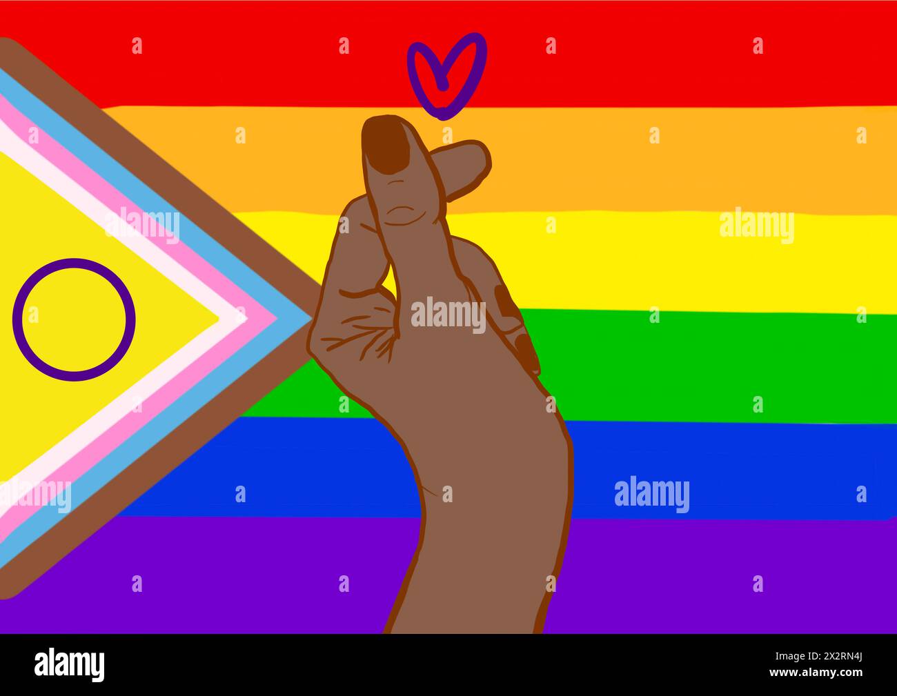 Hand of woman making heart shape against rainbow flag Stock Photo