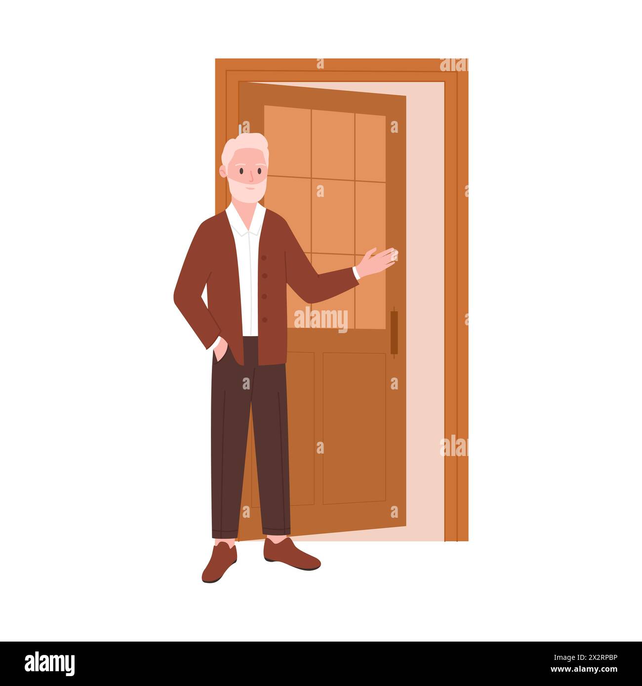 Elderly man with beard inviting entry, pointing to open brown door vector illustration Stock Vector