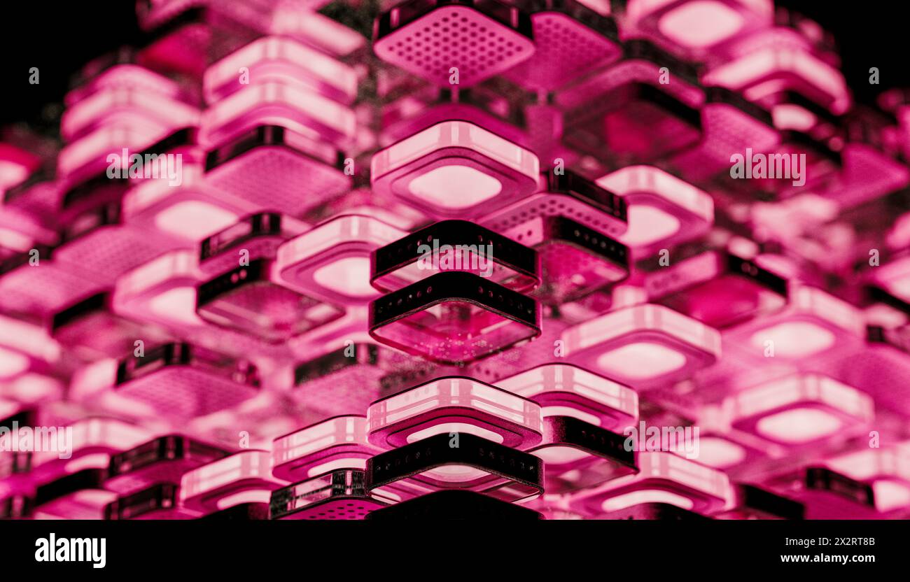 Multiple layers of computer chips with pink lighting Stock Photo