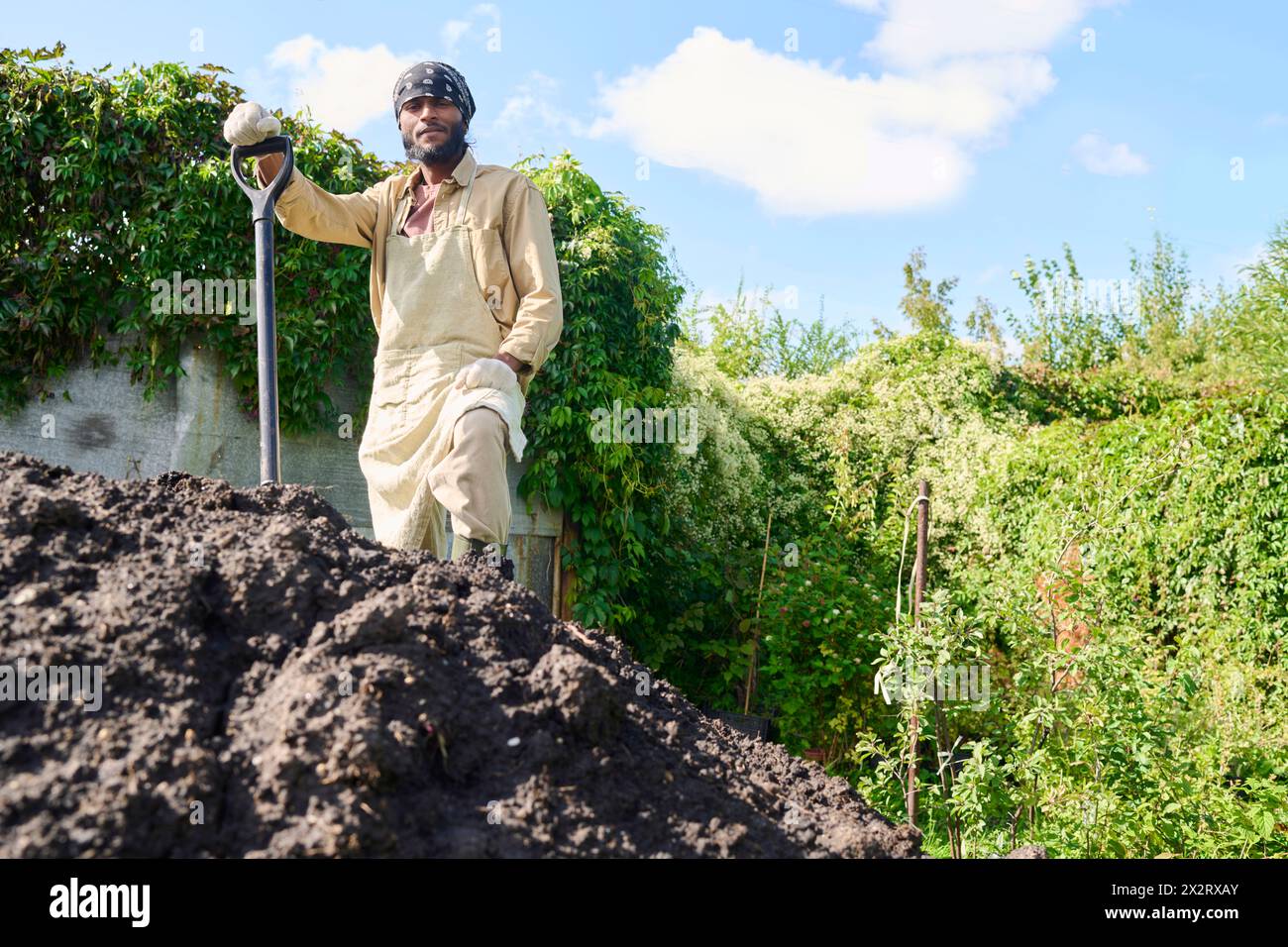 Gardener digging dirt for planting in garden on sunny day Stock Photo