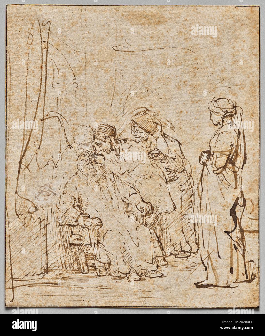 Tobias Healing His Father's Blindness. Rembrandt van Rijn' c. 1640–45.  Pen and ink. Stock Photo