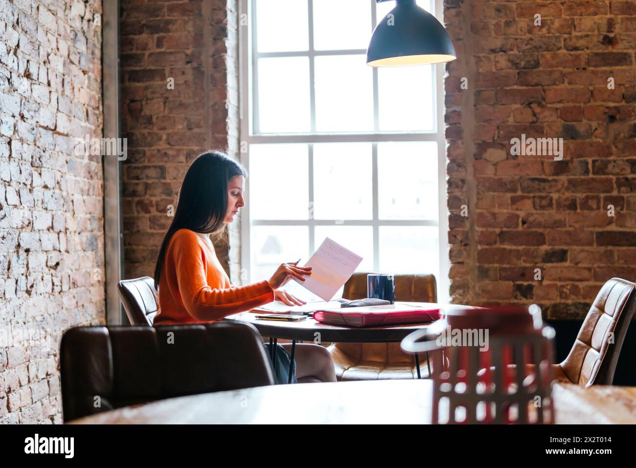 Young woman studying at restaurant Stock Photo