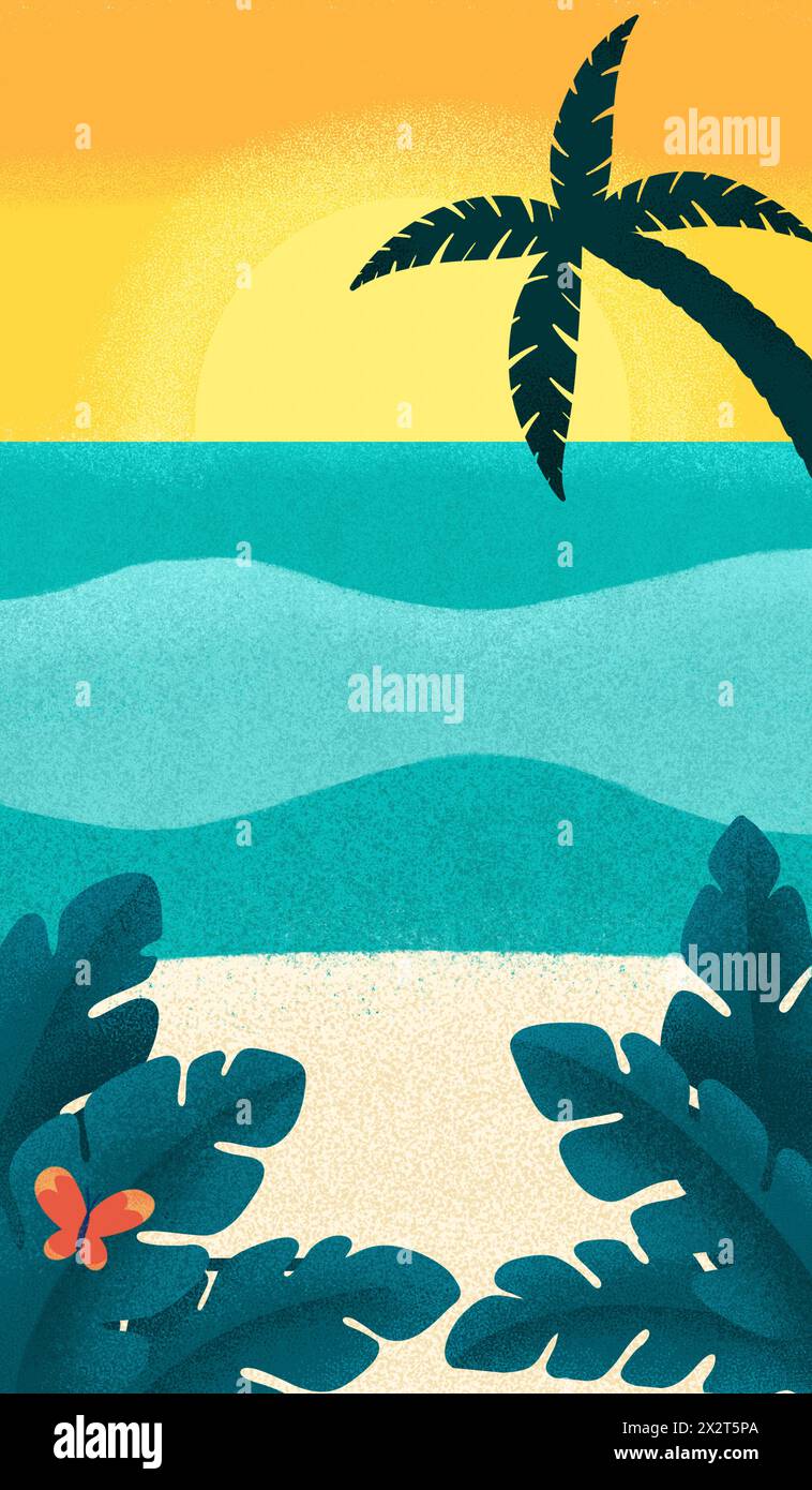 Illustration of palm tree on beach shore by sea at sunset Stock Photo ...