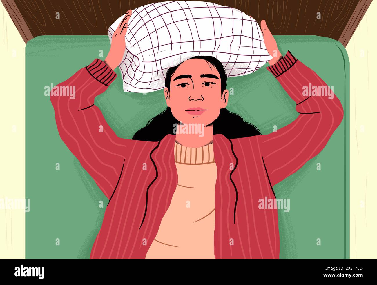 Exhausted woman with pillow on head lying in bedroom Stock Photo - Alamy