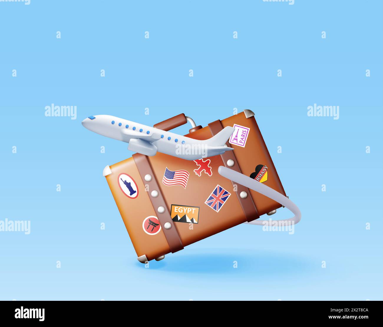 3d vintage travel bag with stickers and airplane. Stock Vector