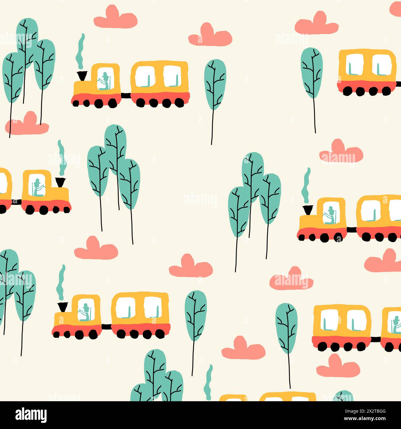 Colorful Train and Tree Pattern for Kids Stock Vector