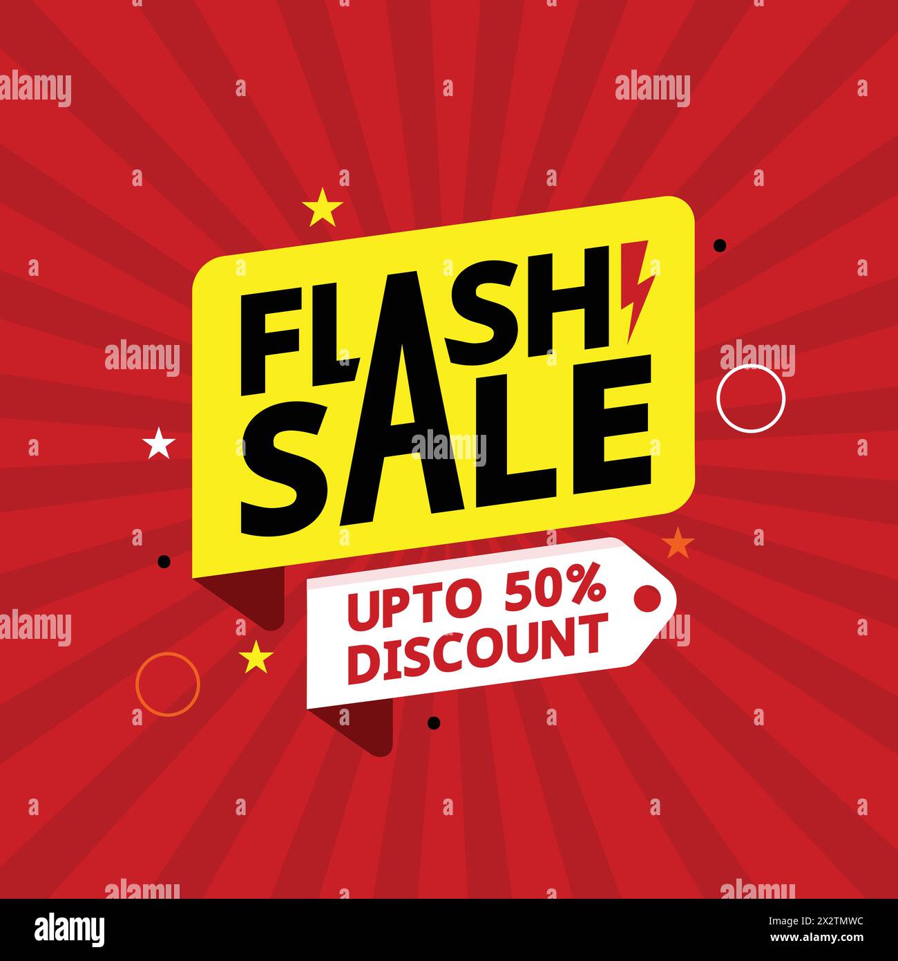 Flash Sale template design with up to 50% off offering tag. Business promotional advertisement banner. Discount modern sticker design with geometric Stock Vector
