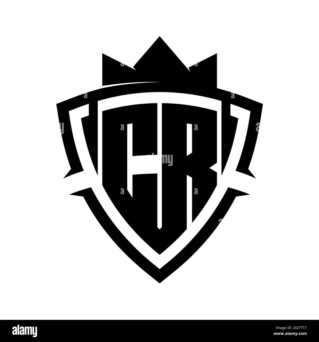 CR Letter bold monogram with triangle curve shield shape with crown black and white background color design template Stock Photo