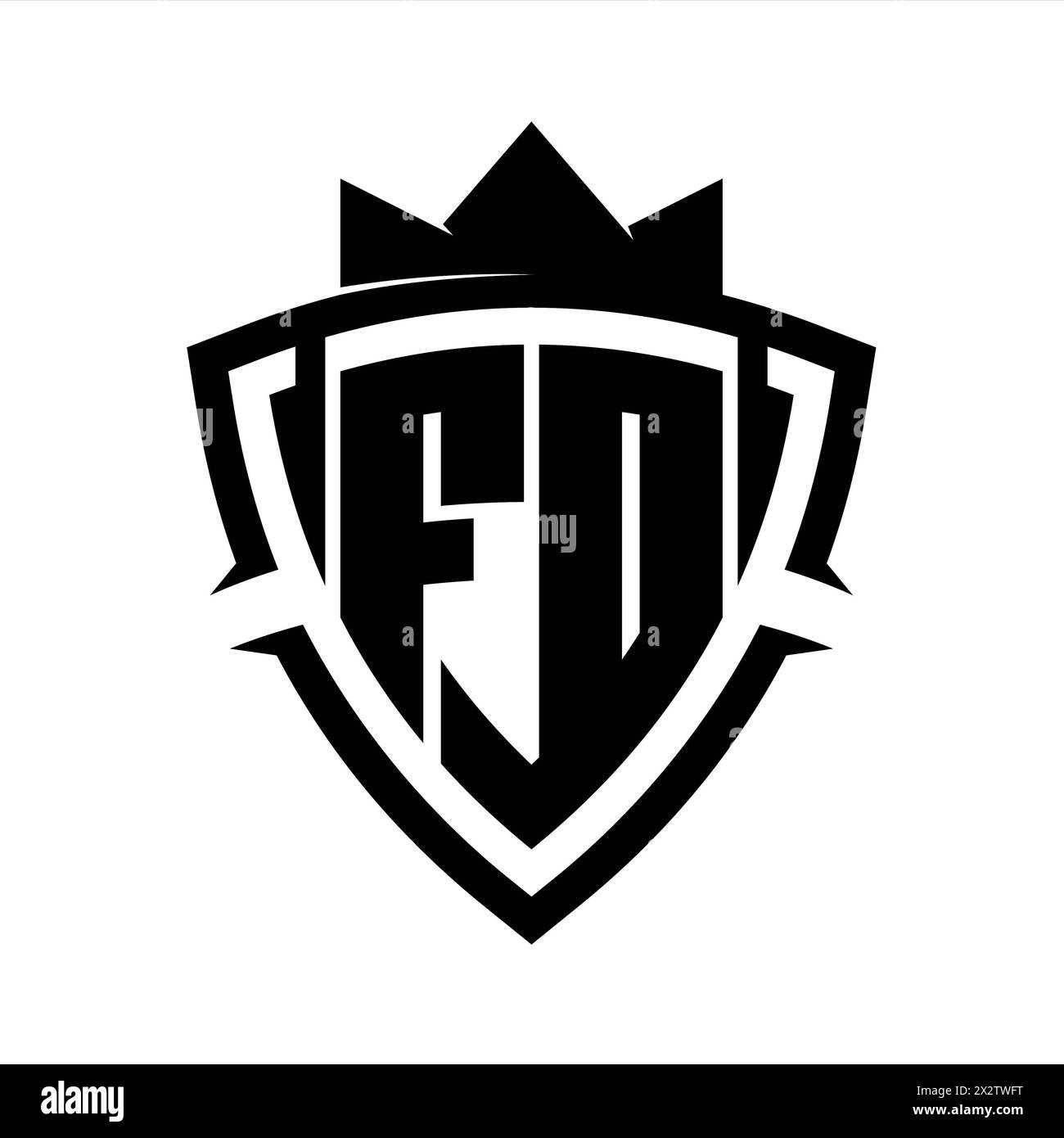 FD Letter bold monogram with triangle curve shield shape with crown black and white background color design template Stock Photo