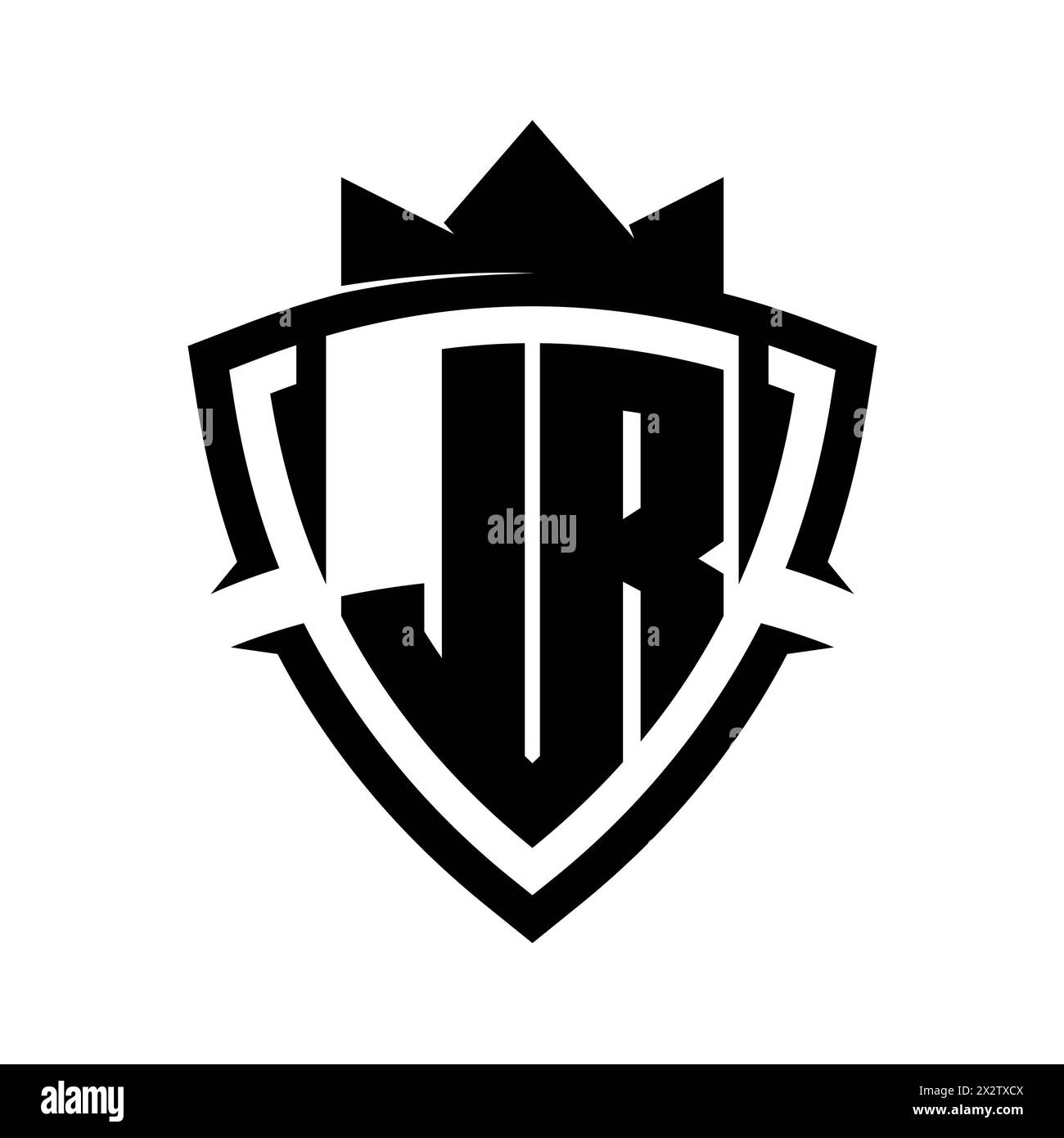 JR Letter bold monogram with triangle curve shield shape with crown black and white background color design template Stock Photo