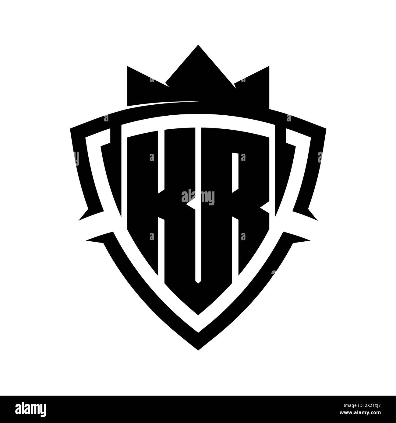 KR Letter bold monogram with triangle curve shield shape with crown black and white background color design template Stock Photo