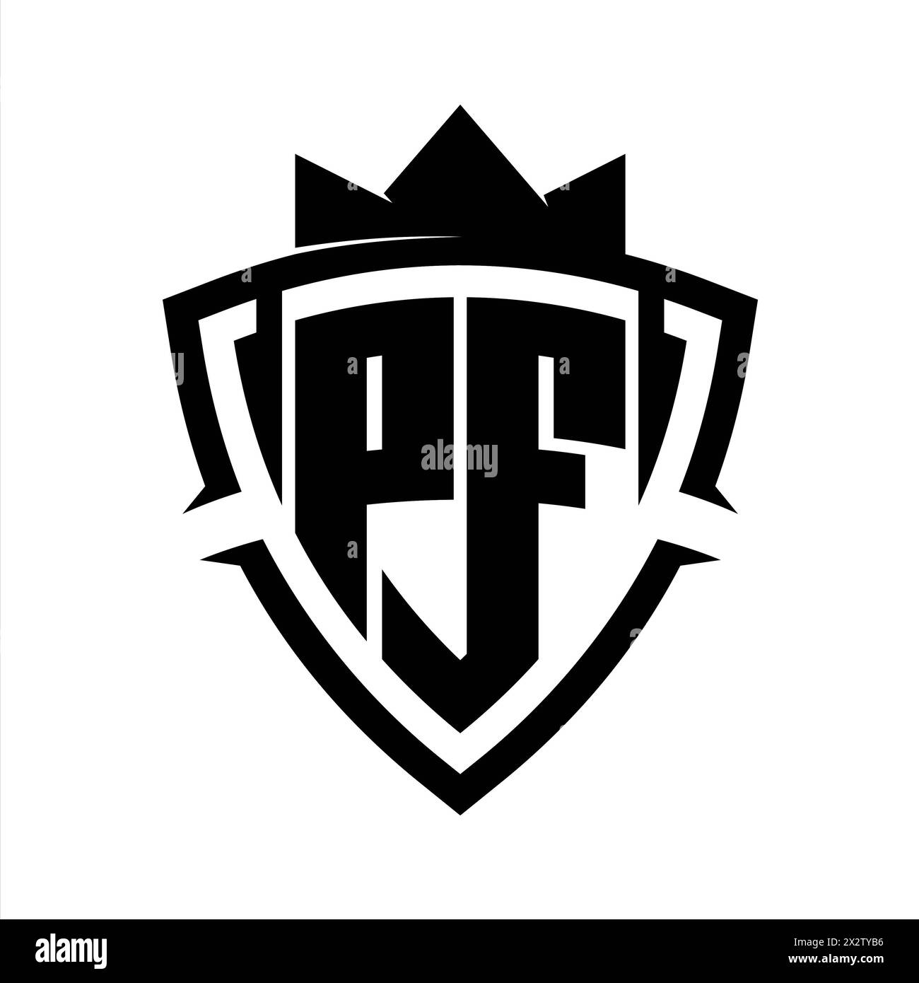 PF Letter bold monogram with triangle curve shield shape with crown black and white background color design template Stock Photo