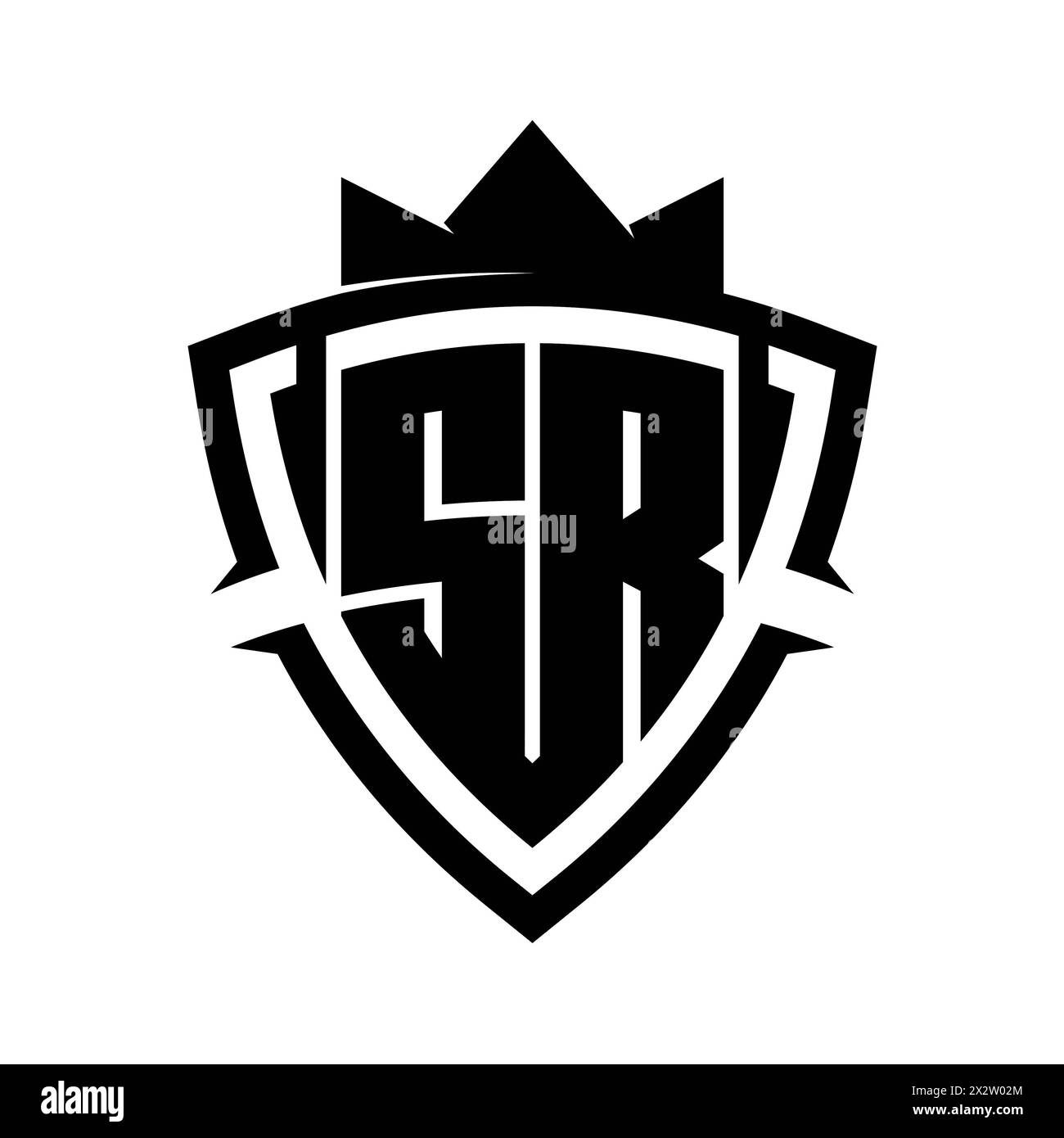 SR Letter bold monogram with triangle curve shield shape with crown black and white background color design template Stock Photo