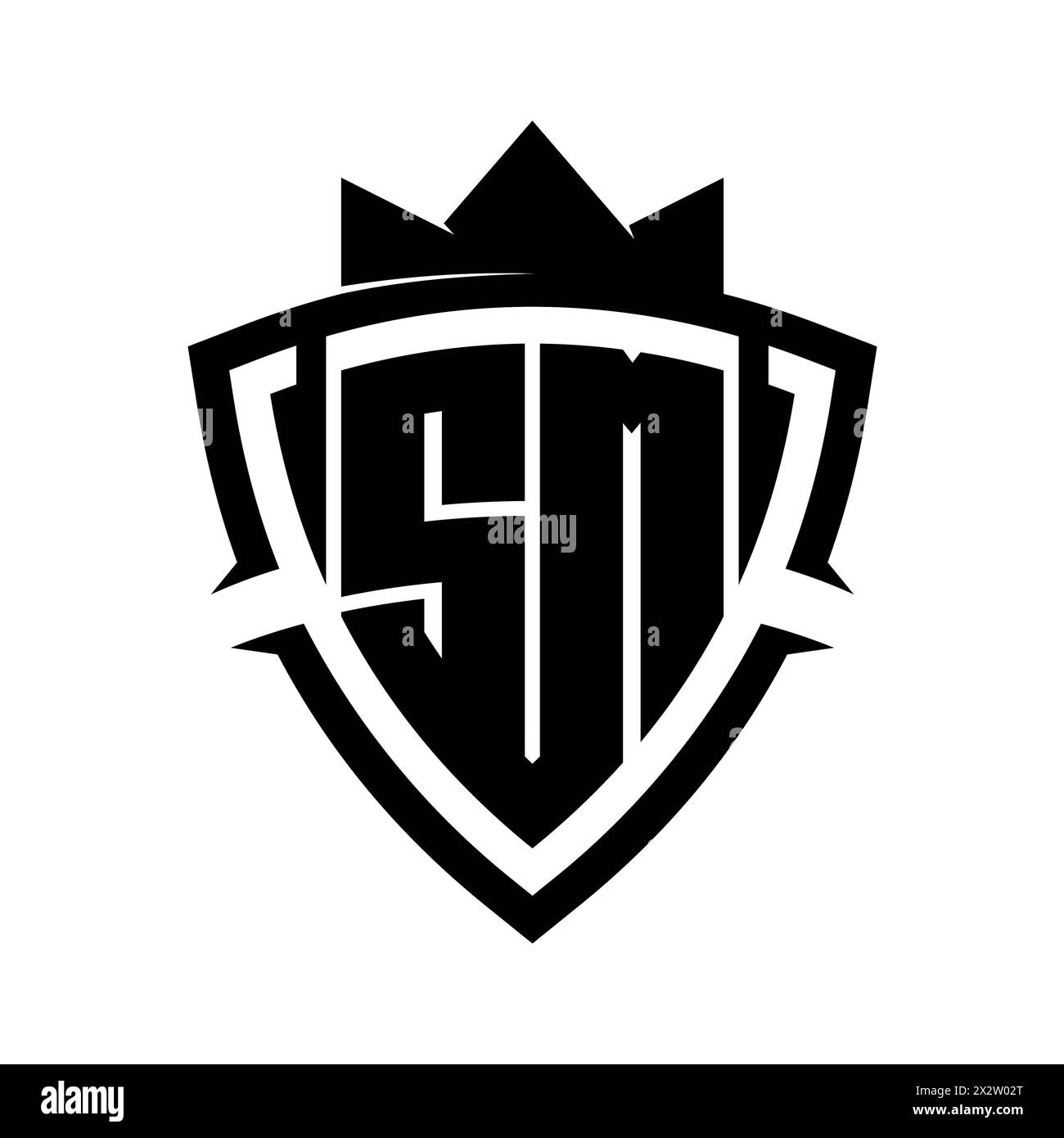 SM Letter bold monogram with triangle curve shield shape with crown black and white background color design template Stock Photo