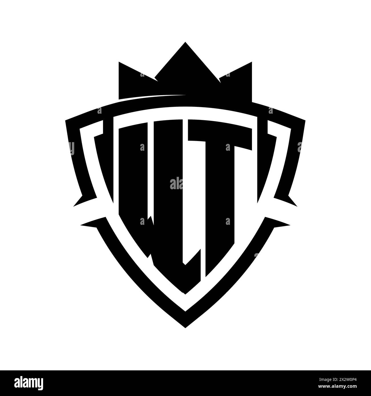 WT Letter bold monogram with triangle curve shield shape with crown black and white background color design template Stock Photo