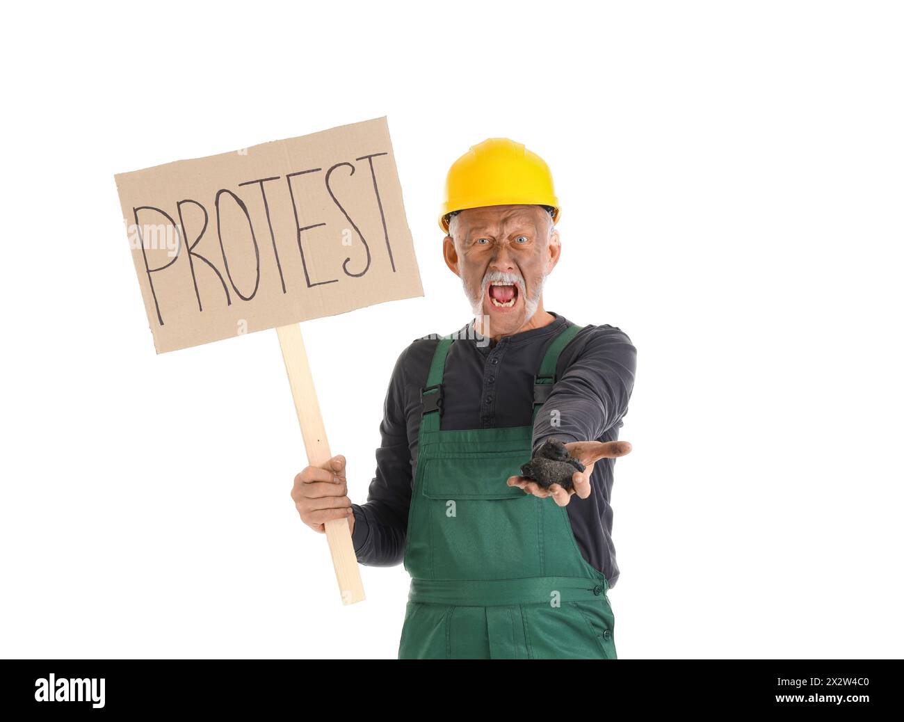 Protesting miner man with coal and placard on white background Stock Photo