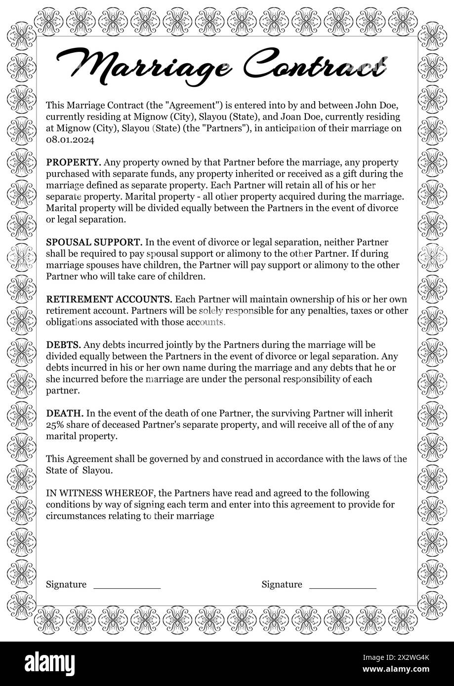 Marriage contract. Text of agreement on white background Stock Photo