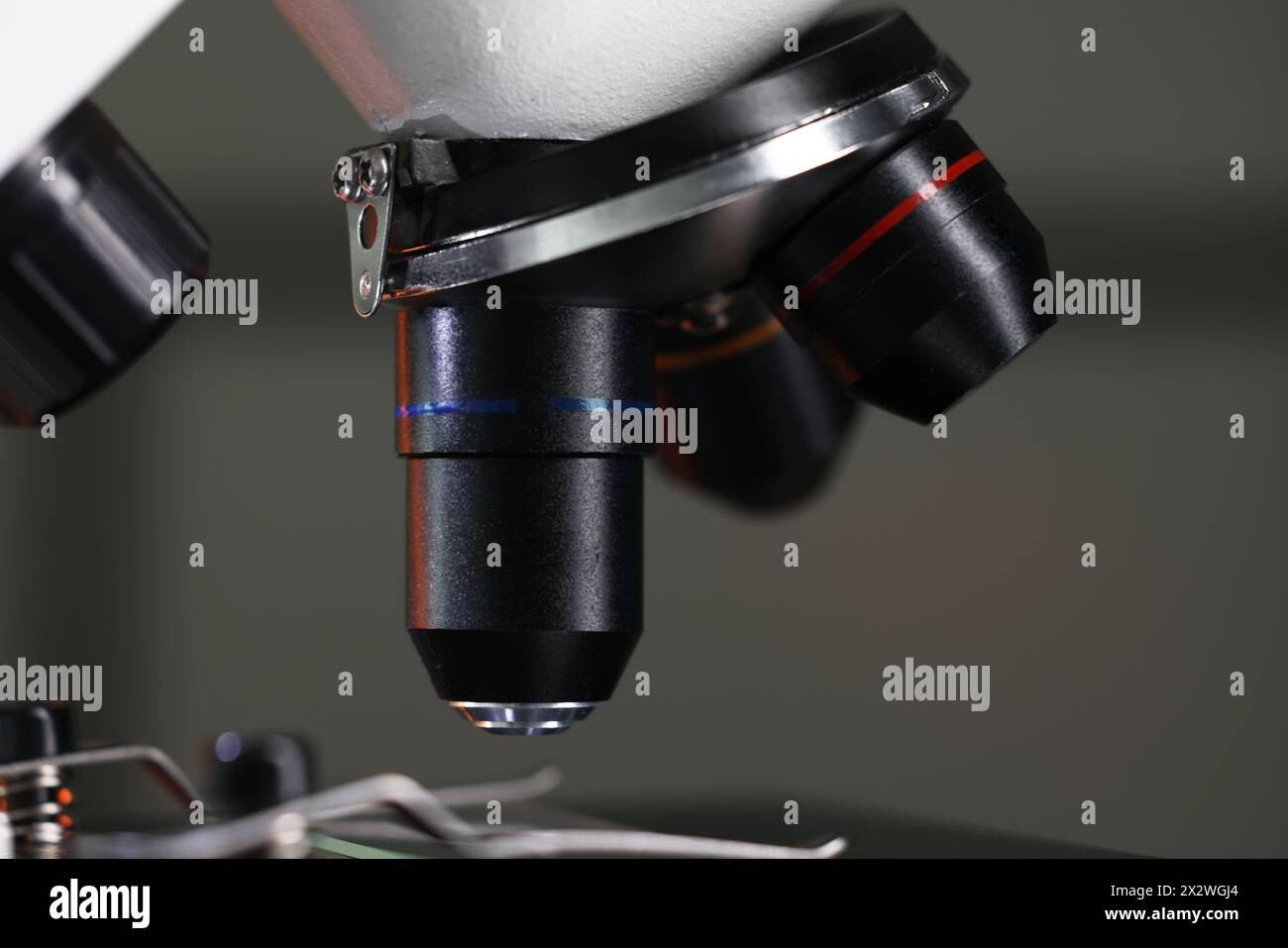 One microscope on dark background, closeup view Stock Photo - Alamy