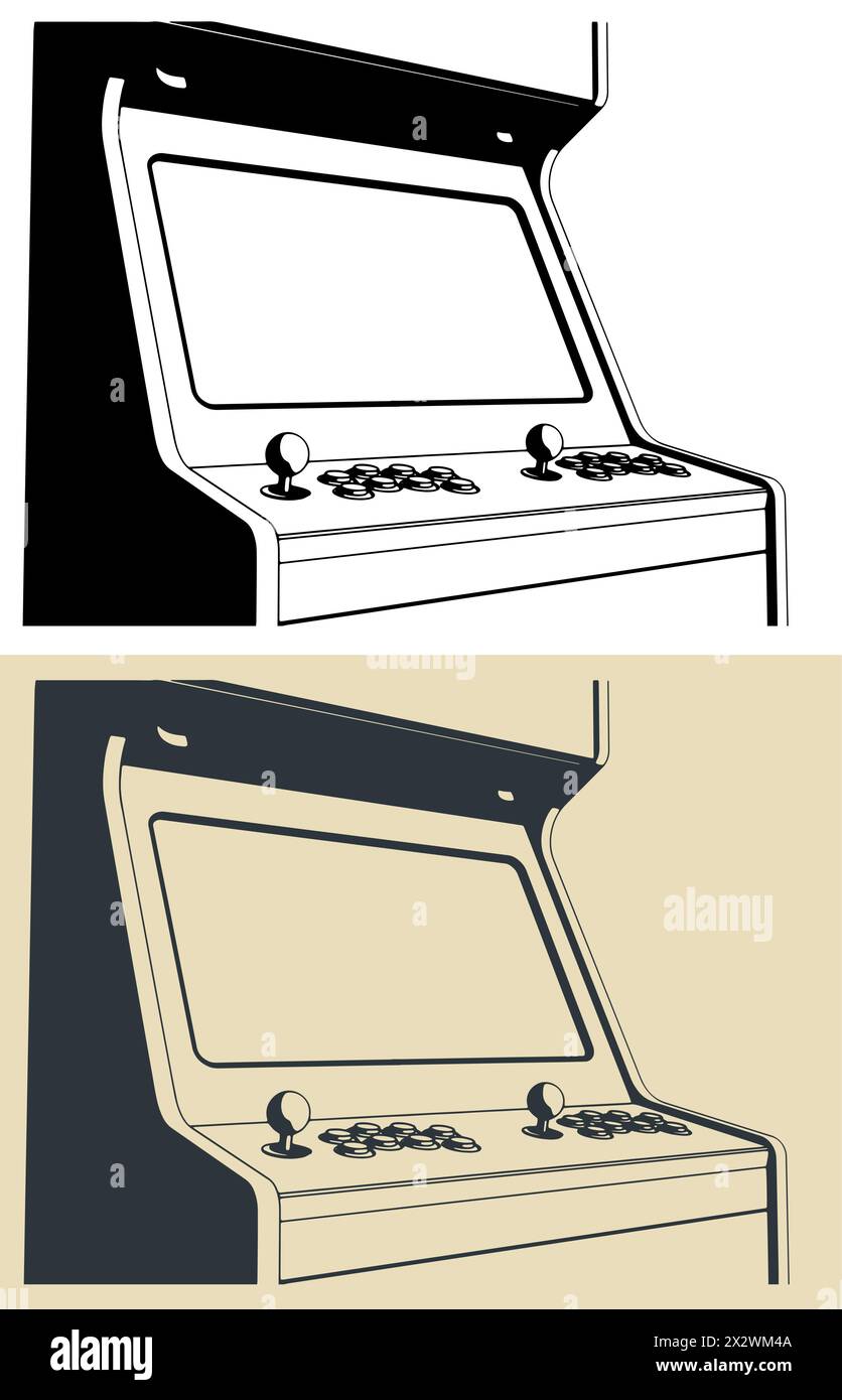 Stylized vector illustrations of a retro arcade games cabinet close up ...