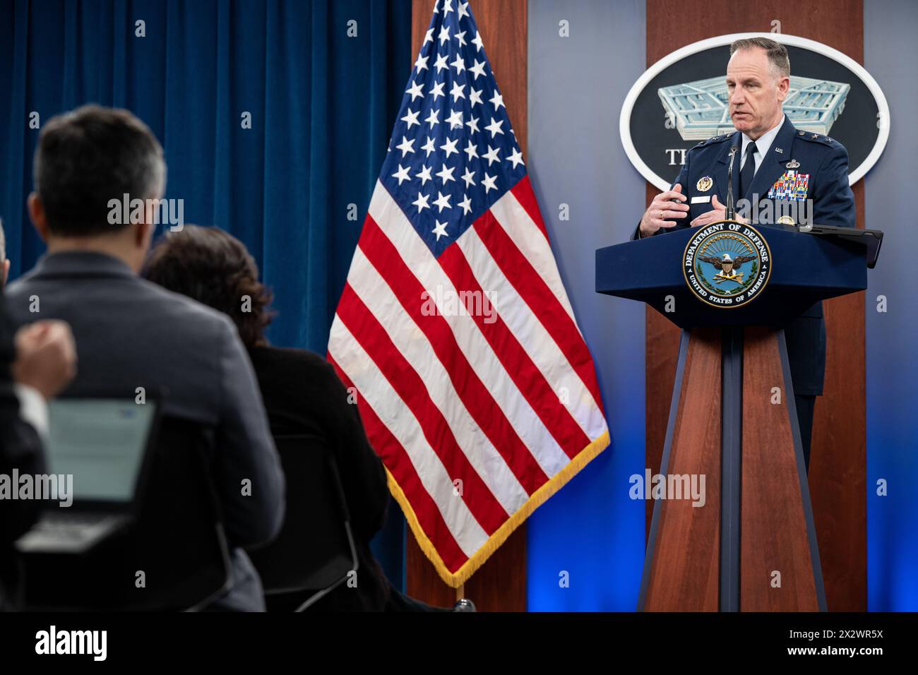 Pentagon Press Secretary U.S. Air Force Maj. Gen. Pat Ryder conducts a press briefing at the Pentagon, Washington, D.C., April 23, 2024. (DoD photo by U.S. Air Force Tech. Sgt. Jack Sanders) Stock Photo