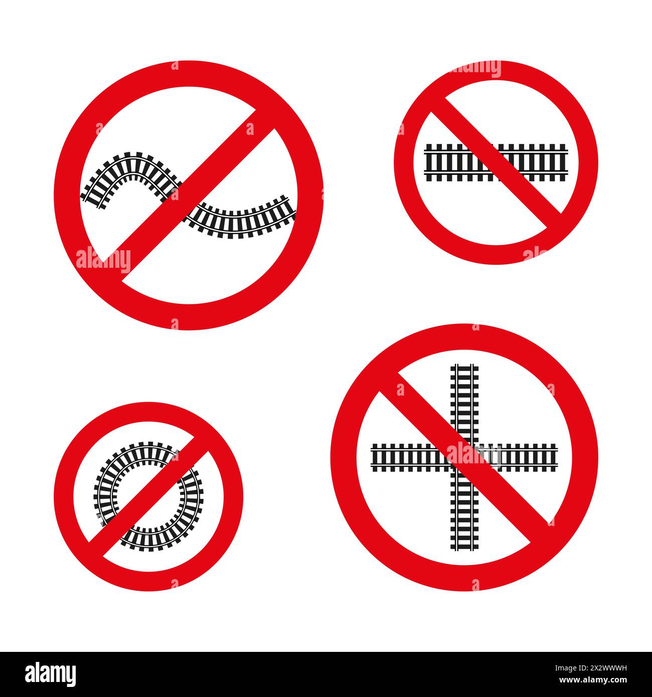 No train tracks symbol. Prohibited railway crossing. Railroad construction forbidden. Vector illustration. EPS 10. Stock Vector