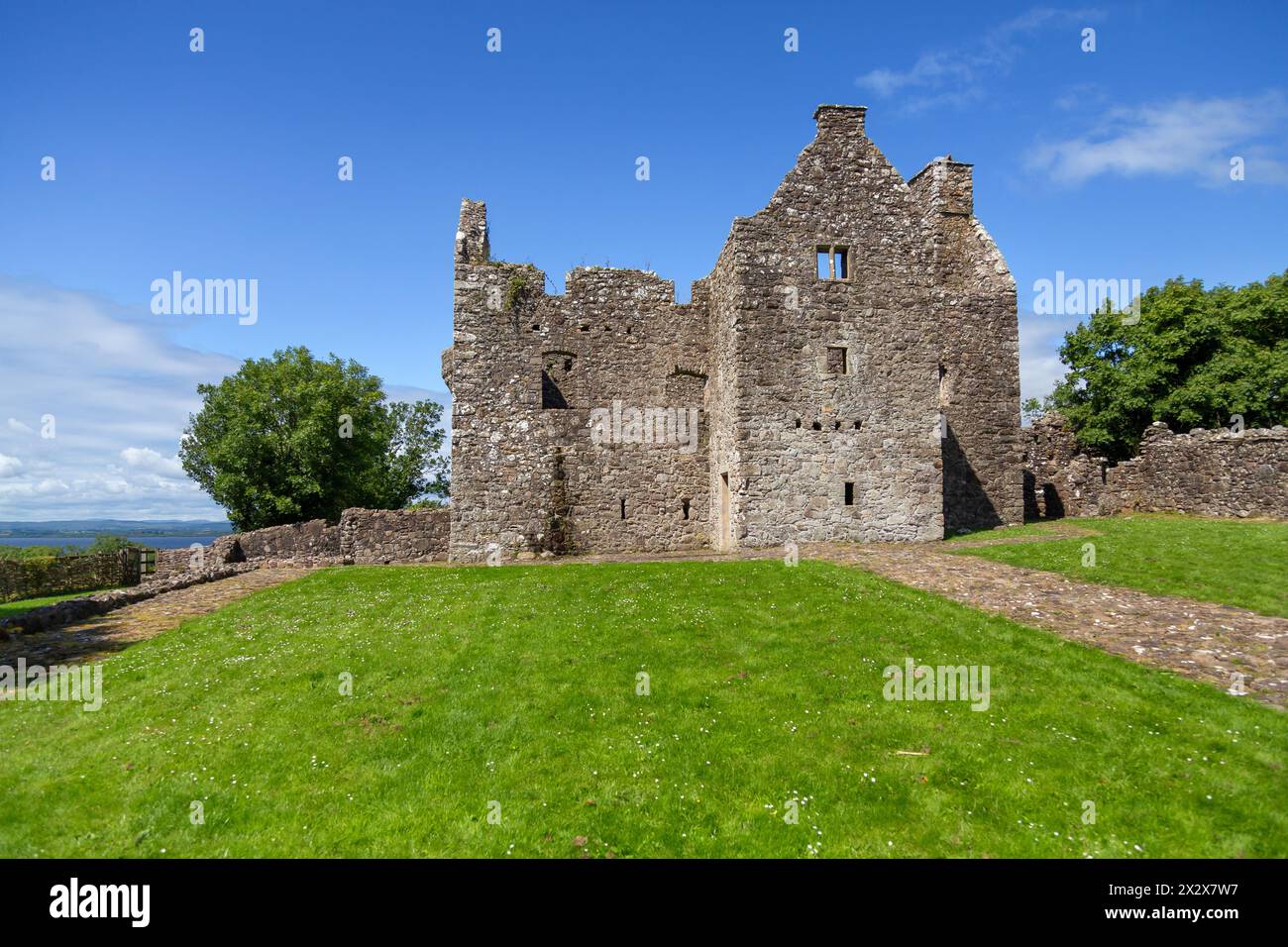 20.07.2019, Tully, Northern Ireland, United Kingdom - Tully Castle ruins, built for Ulster Scotsman Sir John Hume 1612-1615 and burnt down in 1641, no Stock Photo