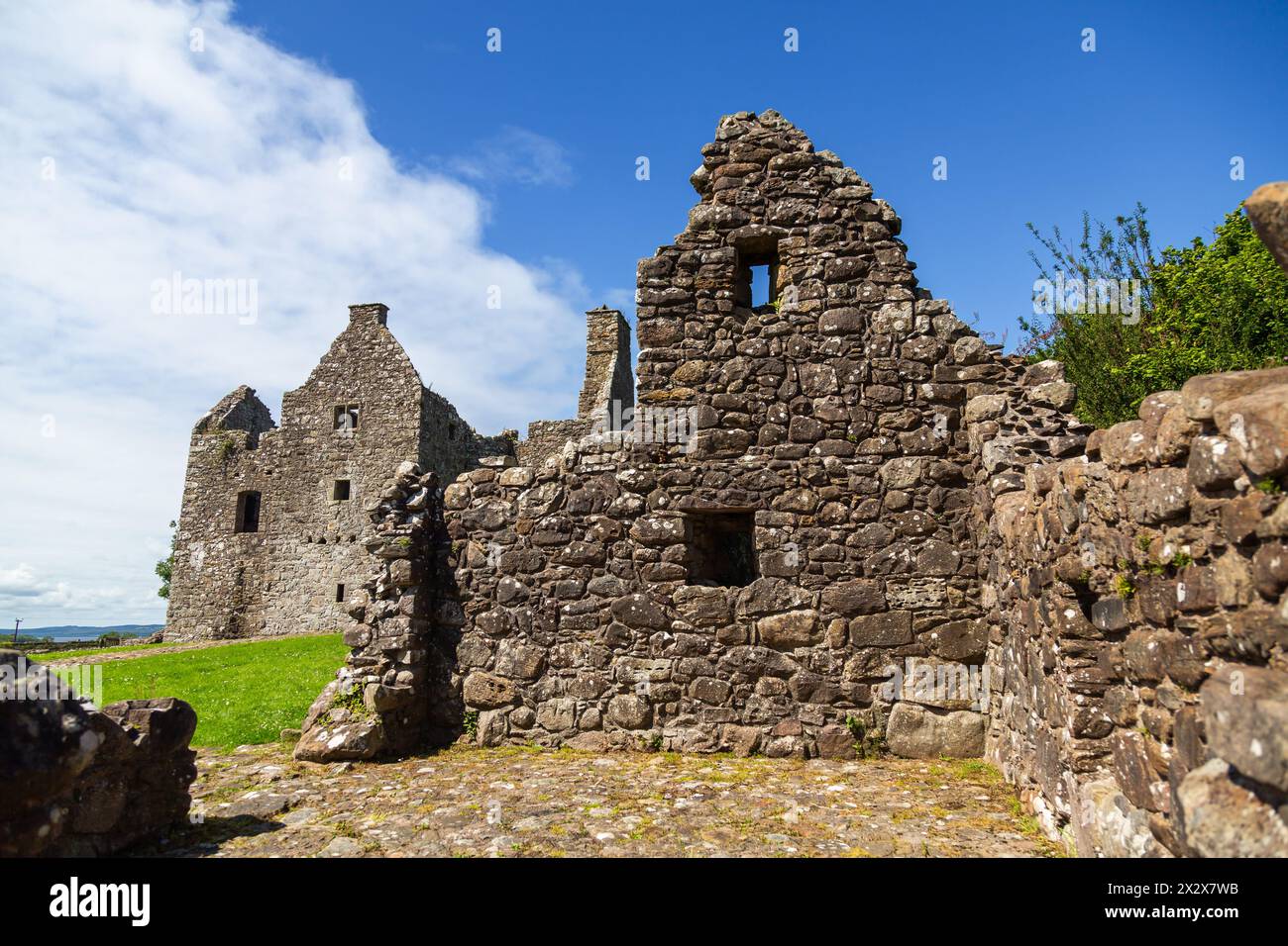 20.07.2019, Tully, Northern Ireland, United Kingdom - Tully Castle ruins, built for Ulster-Scots Sir John Hume 1612-1615 and burnt down in 1641, today Stock Photo