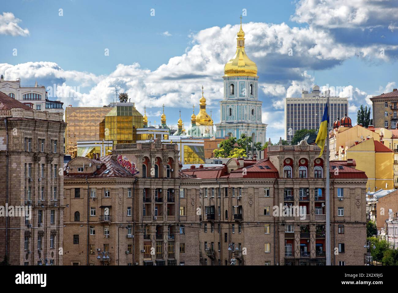 28.07.2023, Kiev, Kiev, Ukraine - View from the Maidan to the bell tower of St. Sophia Cathedral. Stalinist-style buildings in the foreground. 00U2307 Stock Photo