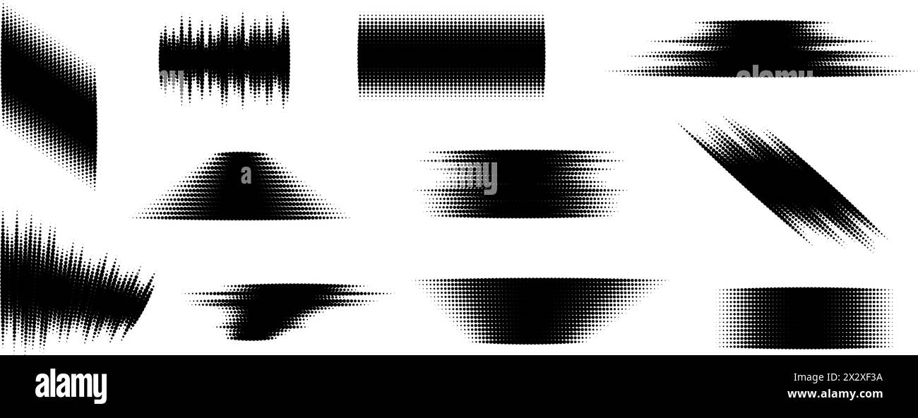 Halftone glitched element set. Dotted textured geometric form collection. Grunge abstract halftone shapes for print, banner, poster, collage, overlay, label, tag. Distressed distorted vector pack Stock Vector