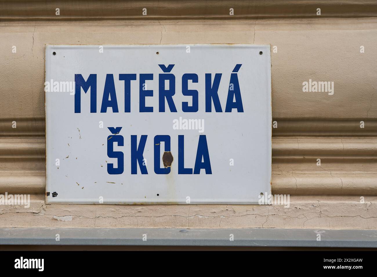 Sign with the Czech inscription Materska Skola in the city center of Prague. Translation: nursery school, preschool Stock Photo
