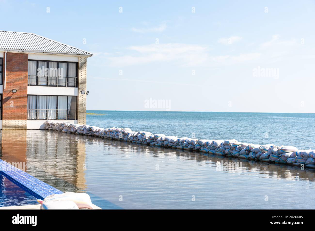 Mangochi. 21st Apr, 2024. This photo taken on April 21, 2024 shows a waterlogged building on the lakeshore of Lake Malawi in Mangochi, Malawi. TO GO WITH 'Feature: Rising waters of Lake Malawi displace hundreds, threatening livelihoods' Credit: Joseph Mizere/Xinhua/Alamy Live News Stock Photo