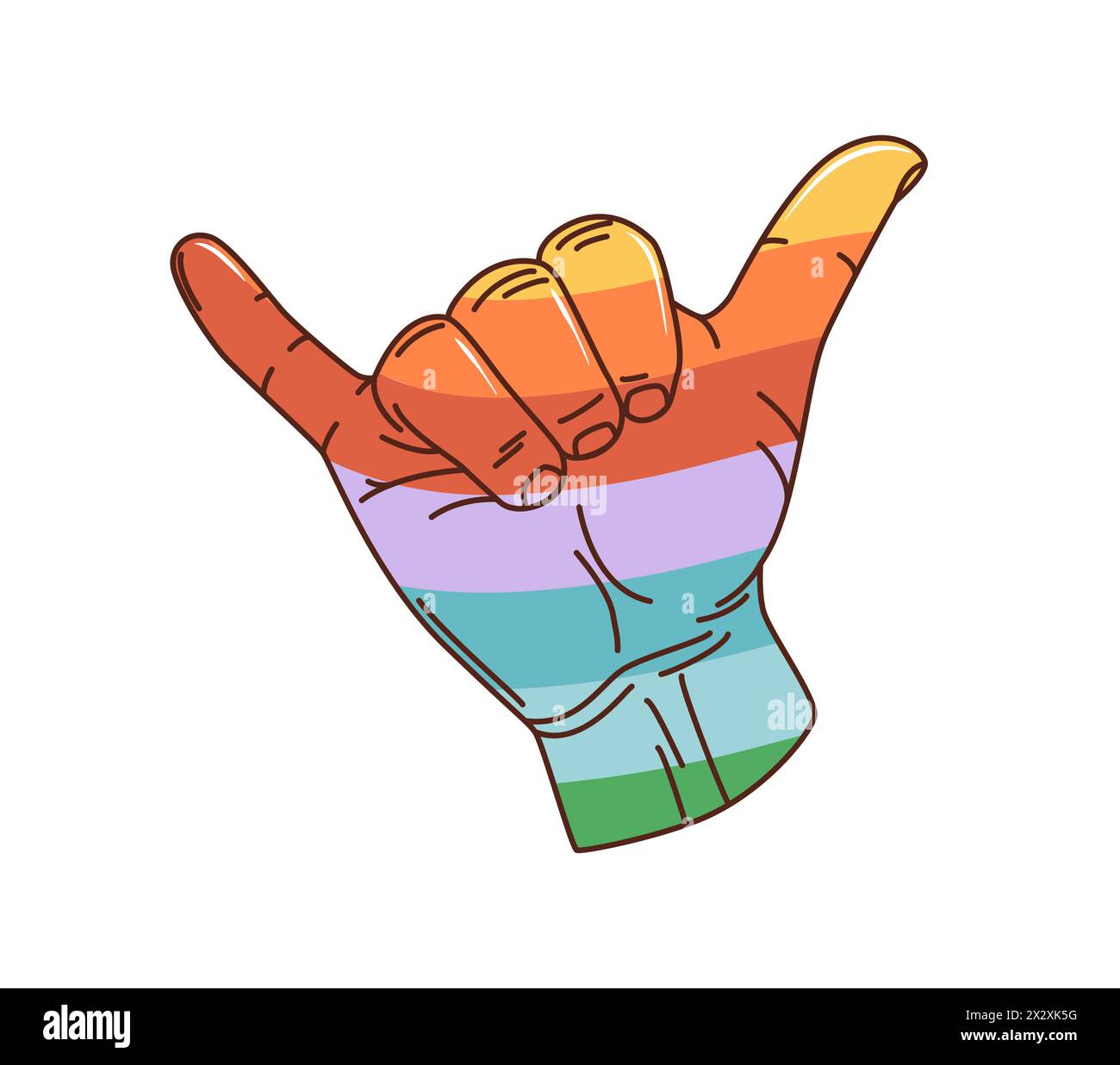 Cartoon retro groovy aloha shaka gesture. Isolated vector surf hand sign meaning a warm greeting, expressing goodwill, relaxation, and a laid-back attitude. Human palm with rainbow pattern and fingers Stock Vector
