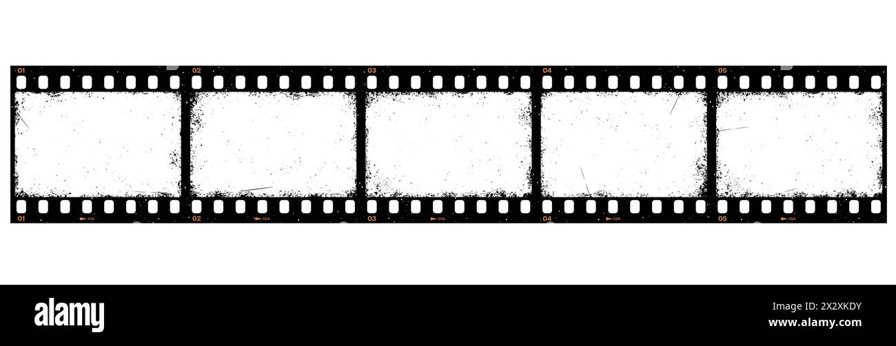 Grunge film reel strip, isolated movie filmstrip. Vintage vector slide frame with grainy texture on white background. Photo negative picture or cinema slide with scratched borders, retro photography Stock Vector
