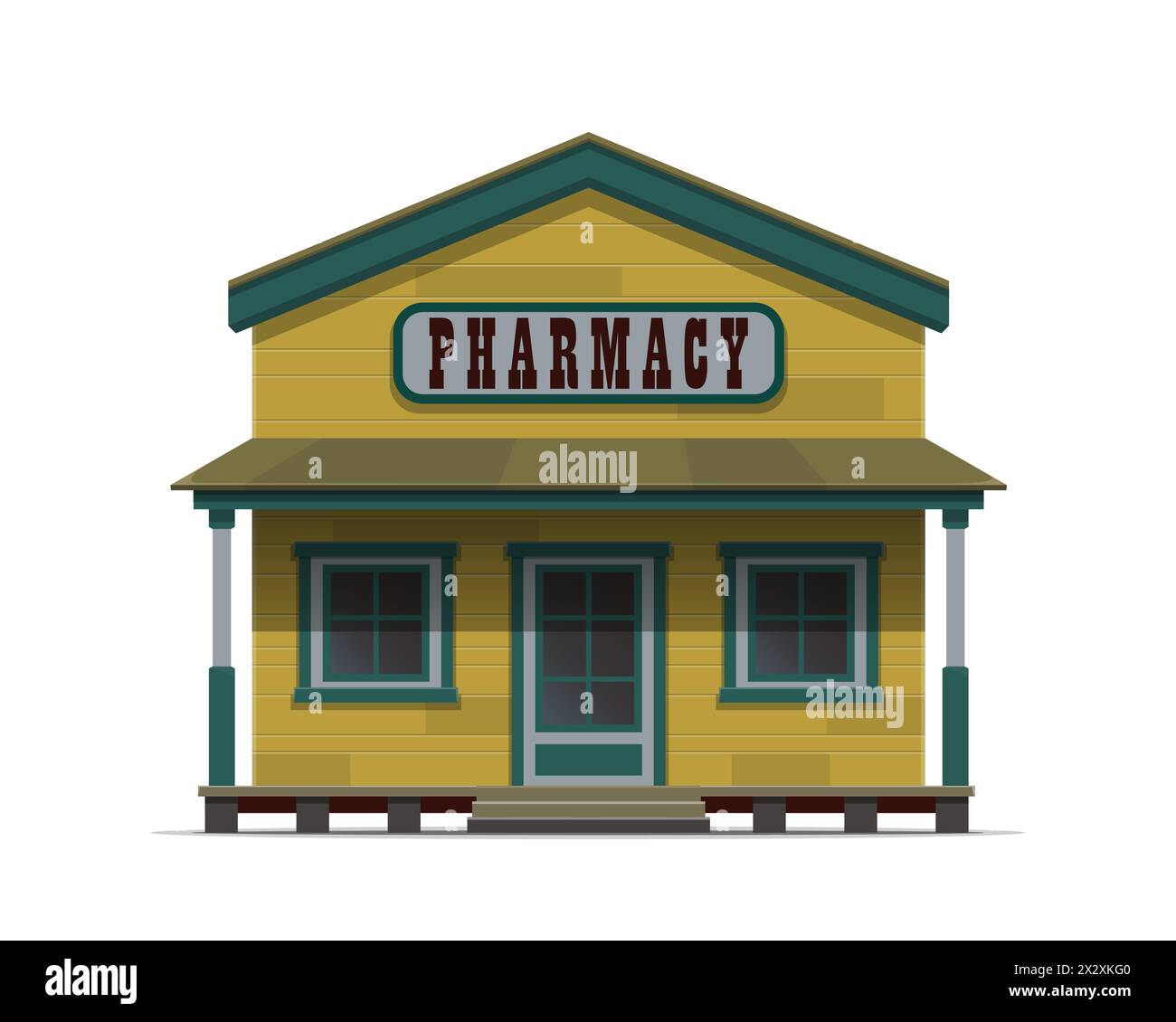Western pharmacy building, wild west drug store. Isolated vector old american town country architecture, features a rustic, wooden structure with a large signboard or signage, windows, and wood door Stock Vector