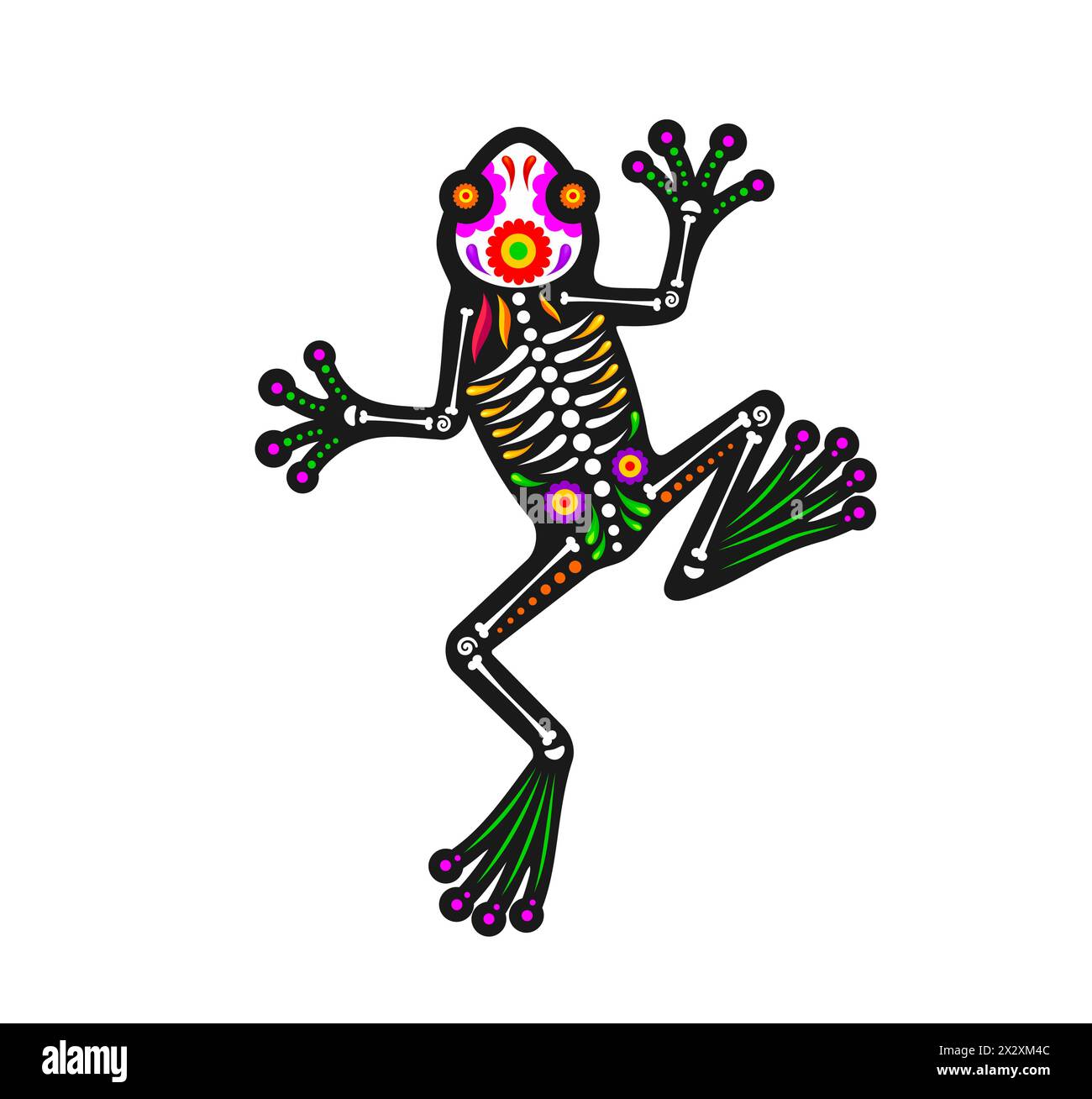 Mexican day of the dead frog animal sugar skull tattoo. Isolated vector Dia de los Muertos figure of toad amphibian with skeleton bones and floral pattern, exudes spirit of nature, fauna and wild life Stock Vector
