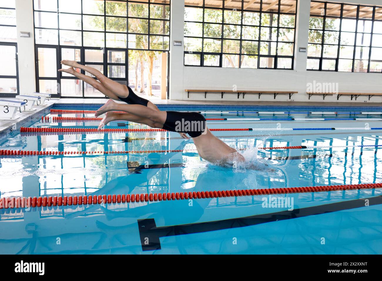 Diverse young swimmer competitors, indoors, wearing caps and goggles diving into a pool, copy space Stock Photo