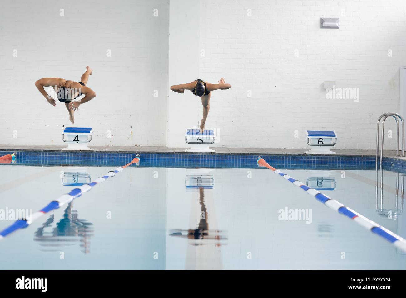 Diverse young swimmers diving into indoor swimming pool, copy space Stock Photo