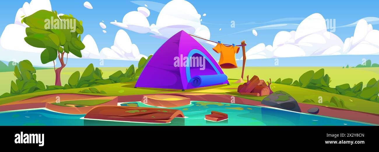 Camping tent with logs in bonfire and drying clothes on shore of lake or river. Cartoon vector summer or spring landscape with pond, green grass and trees, blue sky with clouds for outdoor eco tourism Stock Vector