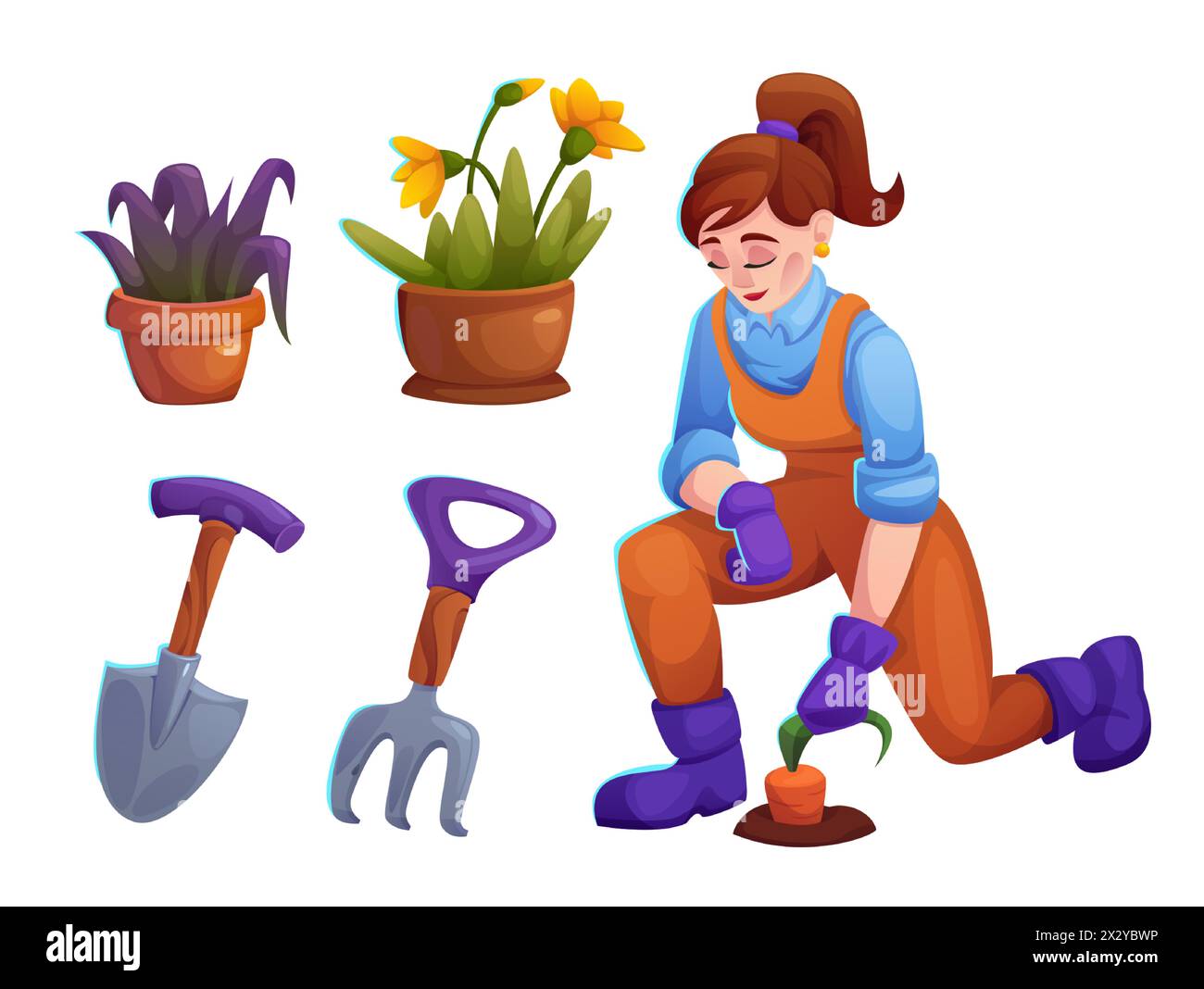 Woman with garden flower plant in pot illustration. Lady planter care vegetable and flowerpot as hobby. Female gardner with shovel and rake equipment set. Botanical career and farming work cartoon Stock Vector