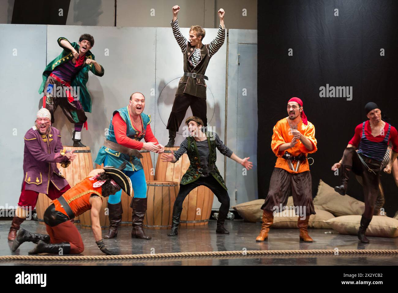 MOSCOW - OCT 18: A scene with pirates at open rehearsal of the musical Treasure Island in the Concert Hall Izmailovo on October 18, 2012 in Moscow, Ru Stock Photo