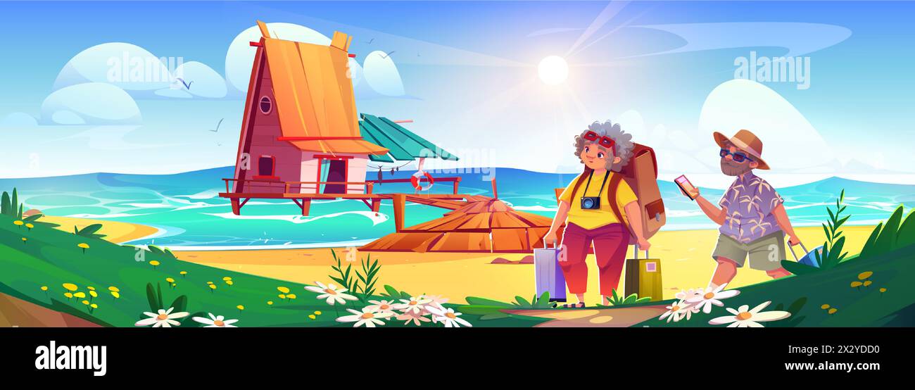 Old couple travel on summer for beach vacation with suitcase vector. Elderly retirement woman and man on ocean resort concept. Grandparents tourist with bag, sunglasses and hat on holiday illustration Stock Vector