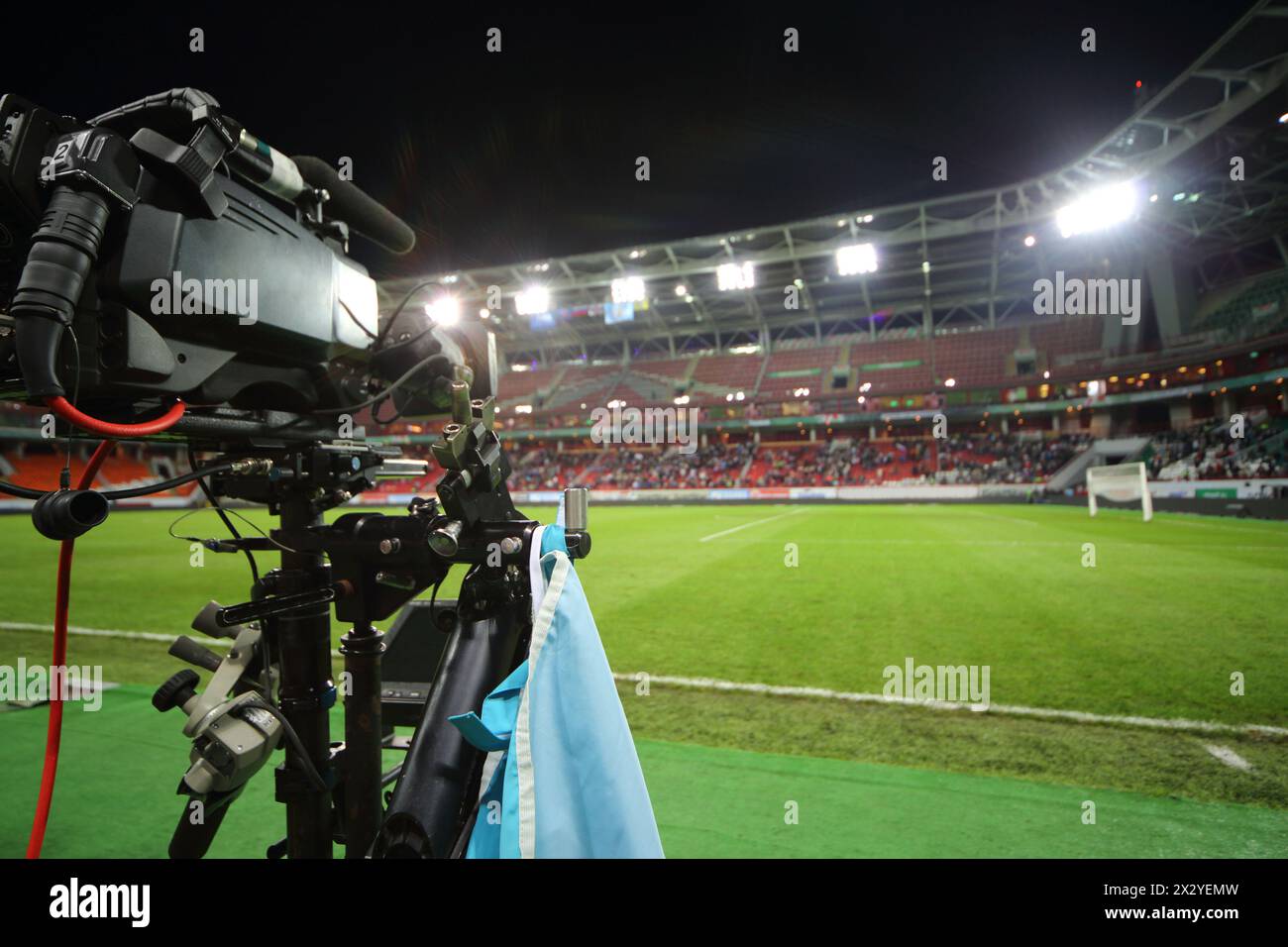 The camcorder records a football match Stock Photo