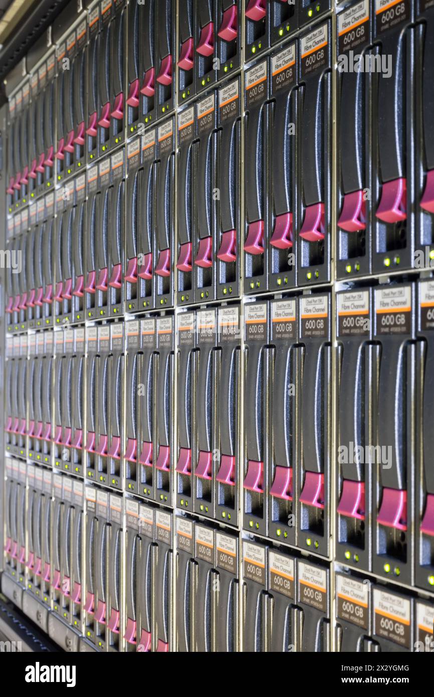 Top view on big rack with multiple hard drives. Stock Photo