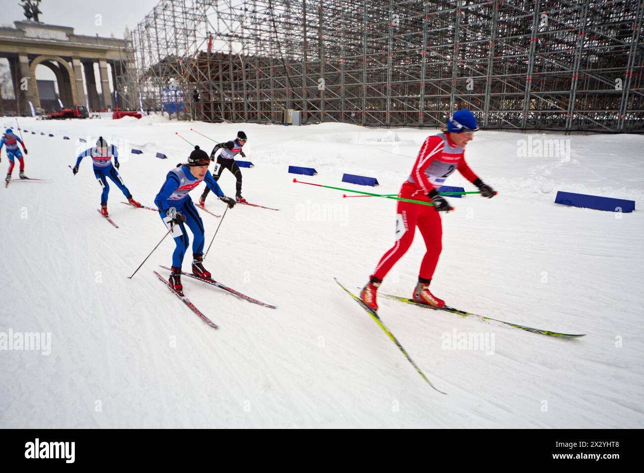 MOSCOW - FEB 9: Female skiers during FIS Continental Cup ski racing in category of city-event, February 9, 2013, Moscow, Russia. Track is constructed Stock Photo