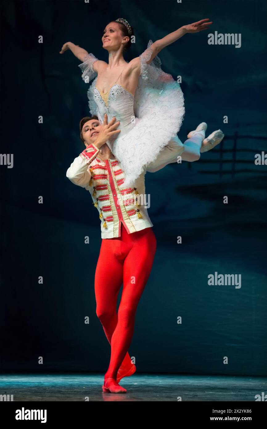 MOSCOW - DEC 29: Beautiful pair in Christmas magic-fantasy ballet The Nutcracker in Barvikha Luxury Village on December 29, 2012 in Moscow, Russia. Stock Photo