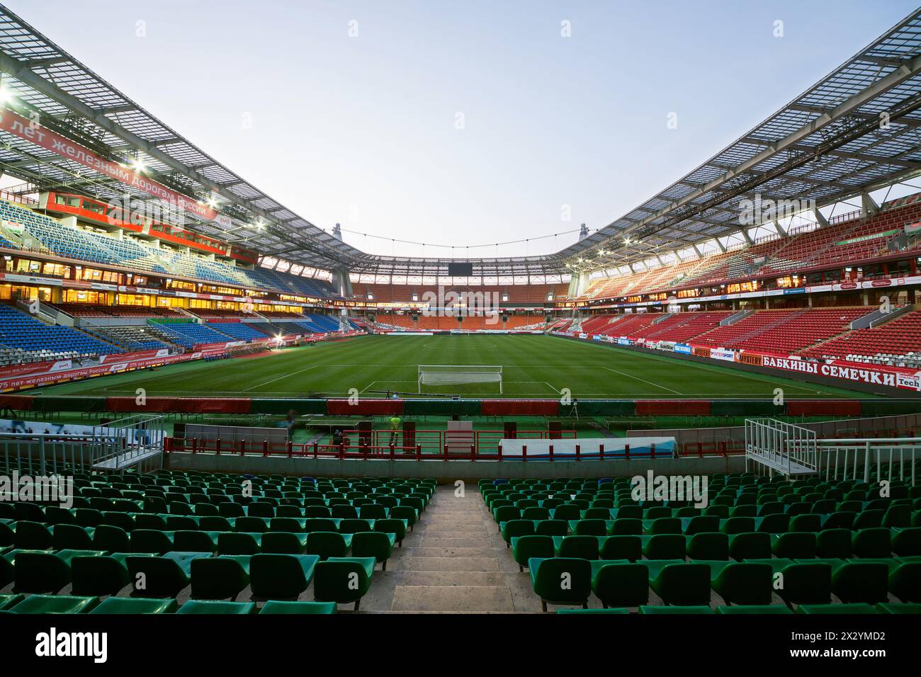MOSCOW - AUG 15: Empty stadium after the game in the evening on August 15, 2012 in Moscow, Russia. Stock Photo