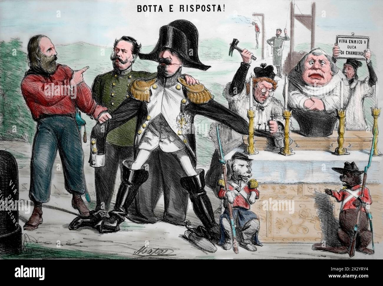 Risorgimento. Roma question. Political satire. Garibaldi warns Vittorio Emanuele II against Napoleon III. Lithography, 1862. Stock Photo