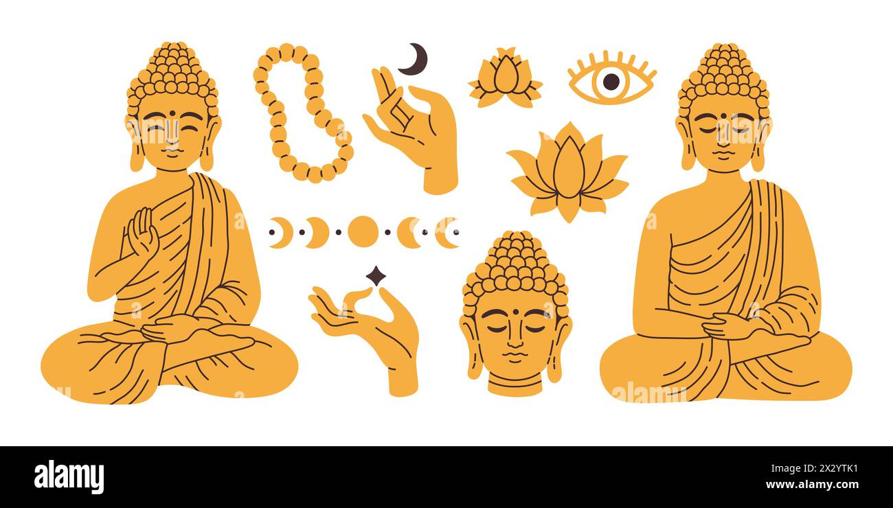 Thai buddhism Theravada gold set. Vector elements illustration for decoration, printing. Concept for poster, banner Stock Vector